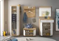 Meuble d'entrée moderne en chêne blanc, arbre d'entrée, ensemble de 5 pièces très brillant avec étagère à chaussures artisanale, banc, miroir, rangement durable