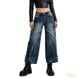 <span class=keywords><strong>Jean</strong></span> en denim délavé ample pour femme, coupe droite évasée, patchwork, bords bruts, poches latérales - Product Image 6