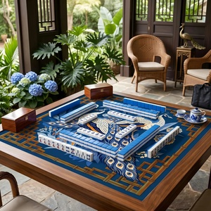 Tappetino da Gioco Mahjong con Stampa Chinoiserie, Blu <span class=keywords><strong>Indaco</strong></span> con Bordo in Bambù, Antiscivolo e Fonoassorbente - Product Image 4
