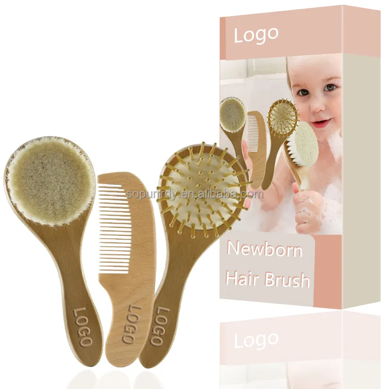 Logo personalizzato spazzola per capelli per bambini Set di pettine per neonati in legno naturale spazzola per capelli morbida di capra setole di pera pettine in legno spazzola da massaggio in legno