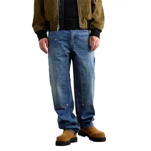 Jeans de perna reta lavada de algodão para homens, moda personalizada de alta qualidade com costura personalizada, com cintura alta e perna reta
