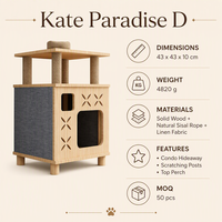 Arbre à chat en bois écologique et durable Kate Paradise D avec maisonnette, poteaux à gratter en sisal et perchoir supérieur, tour à chat multi-niveaux