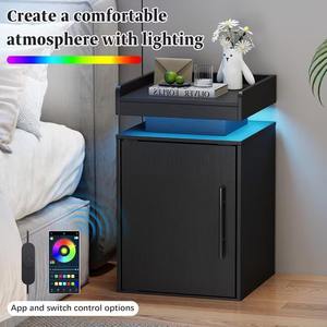 Mesita de Noche Estrecha de Madera MDF Negra Contemporánea con Puerta <span class=keywords><strong>y</strong></span> Luces de Control para Apartamento, Hogar, Dormitorio - Product Image 3