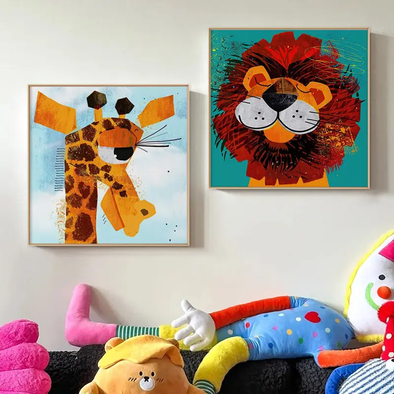 북유럽 추상 캔버스 벽 예술 다채로운 그림 어린이 방 장식을위한 동물 예술 캔버스 유화