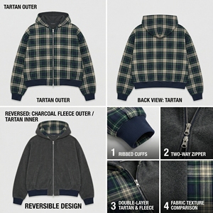 Felpa con cappuccio <span class=keywords><strong>da</strong></span> uomo oversize in cotone felpato pesante 480 g/m² con stampa tartan, maniche a palloncino e zip, personalizzabile con logo - Product Image 3