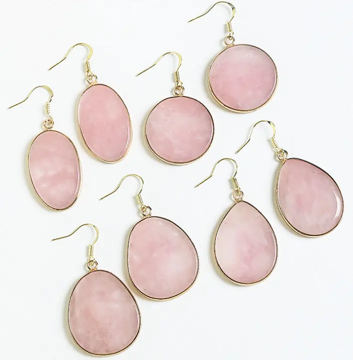 Natural Stone Pendants Polished Waterdrop Shape Rose Quartz Chakra Healing Pink Crystal Charms Drop Earrings