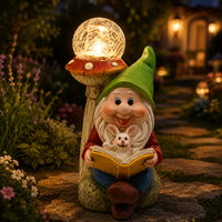 Statue de gnome en résine amusante tenant un lapin avec un champignon, éclairage solaire pour jardin, paysage, parc, cour, pelouse