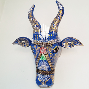 Décoration murale en bois motif tête de vache bleue Art Déco pour la maison et le bureau - Cadeau Diwali et Anniversaire - Product Image 2