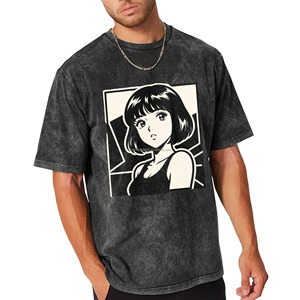 T-shirt vintage délavé pour homme, style rétro années 90, avec motif graphique <span class=keywords><strong>manga</strong></span> 'Short Bob Girl', esthétique japonaise, streetwear décontracté en coton - Product Image 1