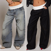 Nouveau pantalon en jean tissé uni taille mi-haute coupe droite ample pour femme 2026