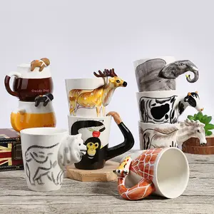 Caneca de café cerâmica 3d pintada à mão, desenho animado, animal, girafa, cervos, elefante, novidade, copo de água