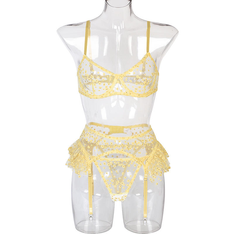 Floral Solid Color Sexy Lingerie Garter Three Piece Sets Ruffle Mesh Thin Sexy Lingerie Sets For Women