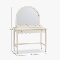 Coiffeuse en bois blanc festonné avec miroir semi-circulaire et tiroirs pour chambre à coucher