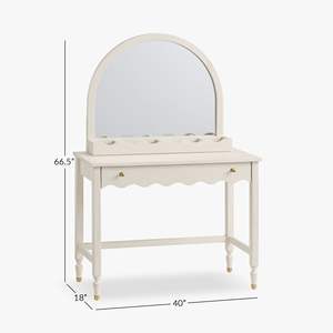 Coiffeuse en bois blanc festonné avec miroir semi-circulaire et tiroirs pour chambre à coucher - Product Image 6