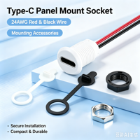 Prise de montage sur panneau de type C blanche LN-006, 11 mm, pré-câblée, 2 broches, fil rouge et noir, prise d'alimentation, connecteur USB-C