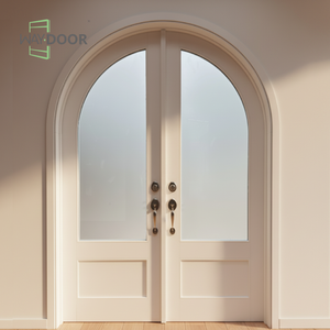 Puerta Exterior de Madera Curvada de Estilo Francés con Líneas Decorativas, Acabado <span class=keywords><strong>en</strong></span> <span class=keywords><strong>Caoba</strong></span> y Roble, Puerta Principal de Madera Maciza Doble con Arco Redondo - Product Image 5