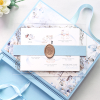 Boîte d'invitation de mariage bleu clair à couverture rigide, invitation de mariage personnalisée imprimée avec sceau de cire et pompon