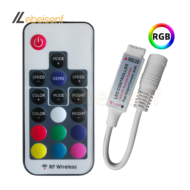 Mini LED Controller DC5-24V 12A PWM Signal Dimmer with RF 17-Key Remote Control for DC 5V 12V 24V 5050 2835 3014 RGB Strip Light