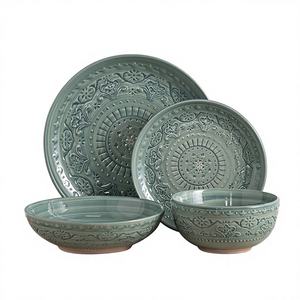 Eco-Friendly 16-Piece Morden Luxury Green <b>Stoneware</b> <b>Dinnerware</b> <b>Sets</b> Customizable Pattern Home Hotel Restaurant Party Kitchen Use - Product Image 1