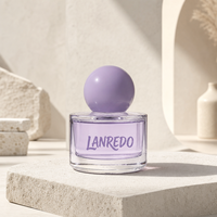 Flacon de parfum mini en verre transparent élégant, rond, vide, de 30 ml, 50 ml, 100 ml, avec bouchon à sertir et boîte, avec capuchon à bille violet
