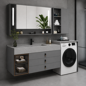 Meuble-lavabo mural gris moderne avec vasque, miroir LED et espace <span class=keywords><strong>pour</strong></span> machine à laver, idéal <span class=keywords><strong>pour</strong></span> projets hôteliers et d'appartements - Product Image 1