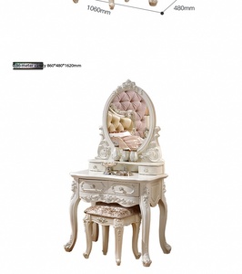 Juego de tocador tallado de estilo europeo <span class=keywords><strong>con</strong></span> <span class=keywords><strong>espejo</strong></span> ovalado y taburete, mesa de maquillaje blanca <span class=keywords><strong>antigua</strong></span> para dormitorio - Product Image 5