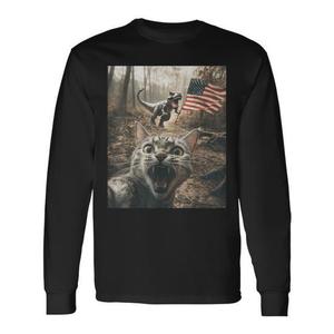T-shirt à manches longues unisexe pour adulte, col ras du cou, impression numérique, motif chat en selfie avec dinosaure T Rex, drapeau américain patriotique - Product Image 1
