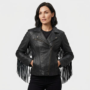 Chaqueta de cuero genuino negro para mujer con flecos en las mangas, borlas, solapa, piel de oveja, estilo vaquero occidental, abrigo de motociclista, ropa de abrigo personalizada para invierno - Product Image 1