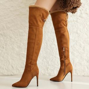 Botas por encima de la rodilla de piel superior de talla grande 48, botines largos de ante de aguja para mujer, tacones finos de invierno, ajuste de pierna ancha cálido - Product Image 3