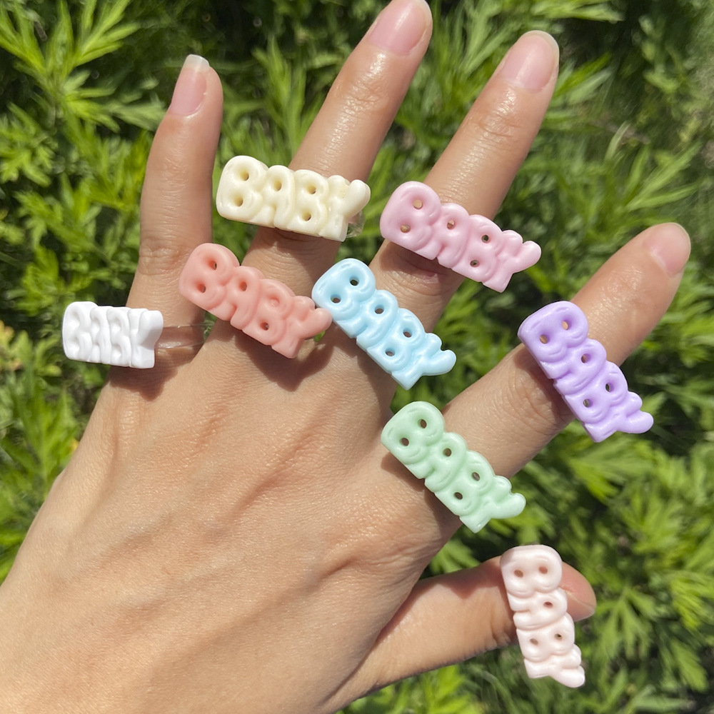 Charm Colorful Natural Insects Core Epoxy Chunky Simple Women Jewelry Free Samples Resin Rings With Letters Colorful