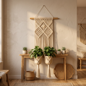 Meilleures ventes : Décoration murale bohème géométrique en macramé avec pompons, faite à la main pour l'intérieur/l'extérieur, idéale pour la décoration du salon - Product Image 3