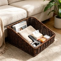 Panier tressé trapézoïdal en rotin robuste avec support en fer – Organisateur idéal pour tables basses, chambres, fournitures de bureau et petits objets