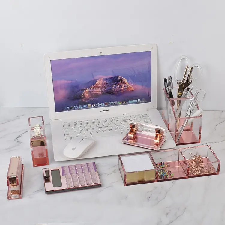Luxury Gift Set Office Supplies Rose Gold Acrylic Desk Organizer Desktop Accessories