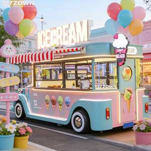 Customizable Retro Bus Food Truck Outdoor Mobile Snack Van Large Service Window <b>Ice</b> Cream Beverage Cart - Product Image 2