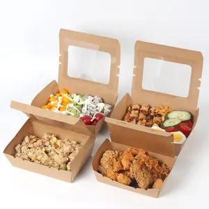 Cajas biodegradables de pollo para llevar comida rápida, embalaje desechable de papel kraft marrón para comida rápida y caliente, con cwindows