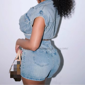 Women's New Casual <b>Stretch</b> Denim Colorblocking Short Lapel Top Slim <b>Wrap</b> Hip Shorts 2 Piece Set Fashion - Product Image 3