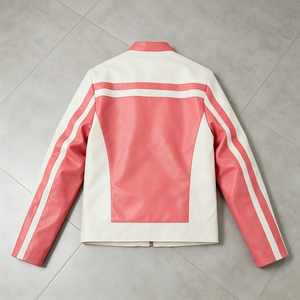 Custom Retro Cropped <strong>pink</strong> and White Faux Leather Racing <strong>Jacket</strong> Streetwear Retro Motorsport Color Block <strong>Biker</strong> <strong>Jacket</strong> for Men - Product Image 4