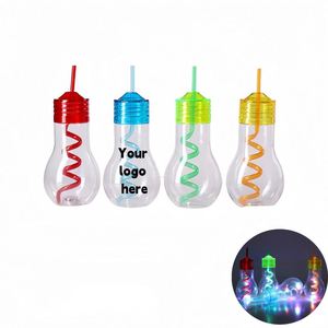 Custom Logo 600 ml Plastic <b>Light</b> Bulb Jars <b>Rope</b> Lighted Fillable <b>Light</b> Bulbs Cup LED Bulb Shaped Candy Jars with Straw Lid - Product Image 1