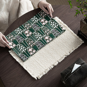 Tapete de Tela Rectangular con Bordado Floral Estilo Chino y Borlas para Mesa de Té, Tapete de Lujo para Platos y Tazones - Product Image 1