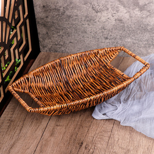 Plastic Imitation Rattan Woven <b>Basket</b> Rectangle With Handles For Fruit Snack <b>Bread</b> Vegetable Display - Product Image 2