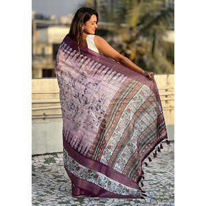 Sari en soie Chanderi froissée lavande Elite Weaves avec bordure jacquard tissée Zari et motifs floraux, style indien pakistanais, coupe courte décontractée - Product Image 6