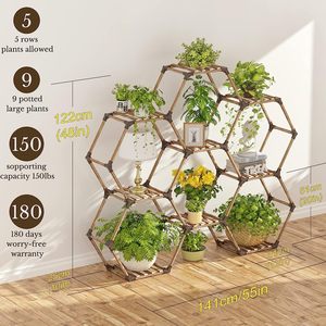 Soporte Hexagonal para Plantas de Madera Maciza 141x25x97cm, Estante de Almacenamiento Multicapa para Uso en Interiores y Exteriores - Product Image 4