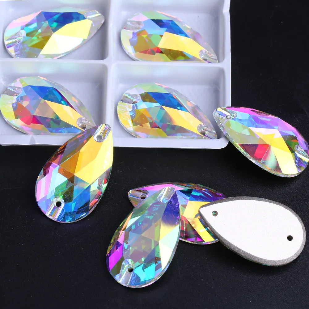 XULIN Wholesale 34 Colors Teardrop Shape K9 Flat Back Glass Crystal Sew On Stone Rhinestones For Bride Dress Decoration