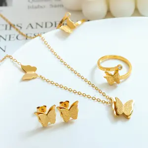 Xixi 18K Vergulde Sieraden Frosted Vlinder Hanger Rvs Ketting Oorbellen Ring Armband Vrouwen Mode Sieraden Sets