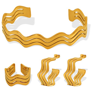 European American Style Titanium Steel Three Layer Wave Earrings Open <b>Bracelet</b> Ring Set For Women Party Jewelry - Product Image 5