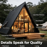 Maison préfabriquée moderne en forme de A, cabane loft, maison modulaire triangulaire, villa de luxe en structure acier avec terrasse et mur en verre