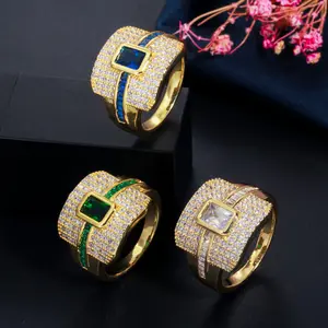 Монако стиль синий белый зеленый камень кубический цирконий Дубай желтое позолоченное кольцо с овальной вставкой из роскошное свадебное обручальное кольцо для женщин