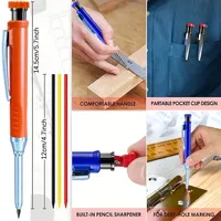 Lot de 4 crayons automatiques de menuiserie 2,8 mm avec taille-crayon, mine 2B, pour marquage de trous profonds, outil de dessin, corps en plastique, capuchon de crayon