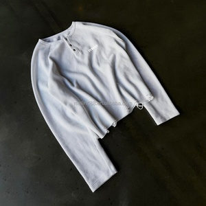 T-shirt décontracté surdimensionné pour homme en maille gaufrée de haute qualité, chemise longue personnalisable vierge à manches longues en maille gaufrée - Product Image 1