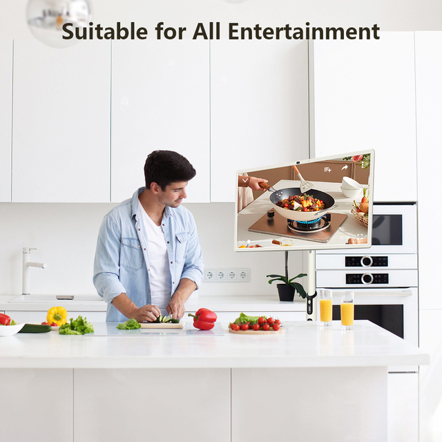 32 Inch Moveable Smart Screen on Wheels, Rechargeable Portable TV with Touch Screen, Wireless Display for Kitchen